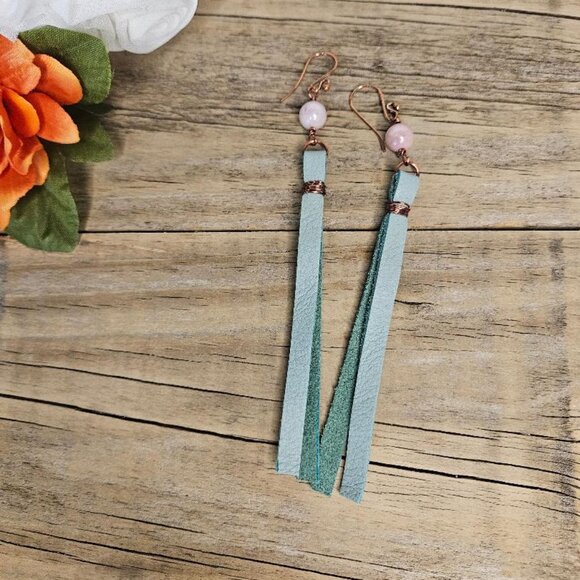Hand Crafted Boho Style Pastel Green Leather Sunstone Dangle Earrings - Picture 3 of 4